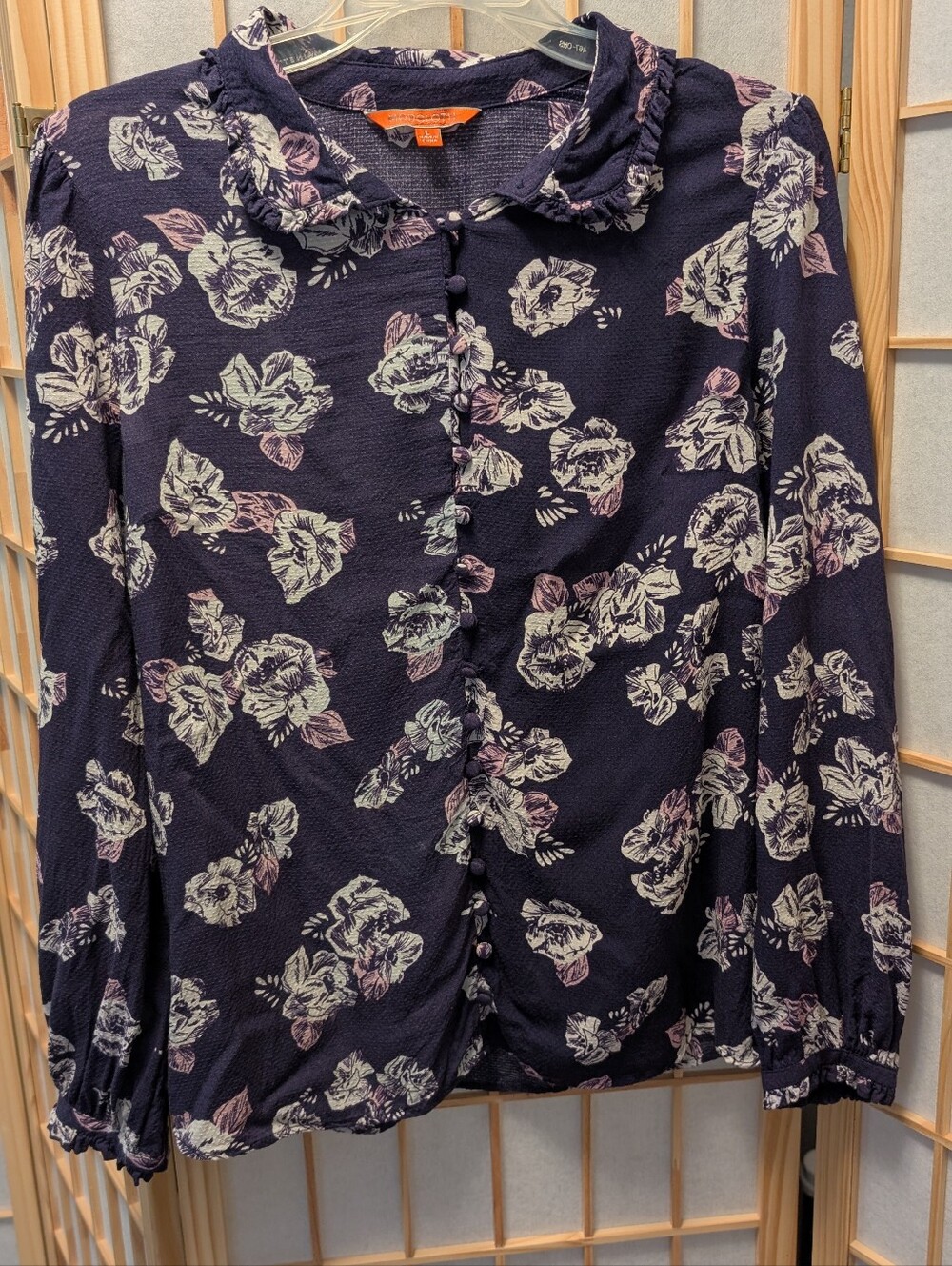 Modcloth PurpleFloral Button-Front Blouse, Size Large